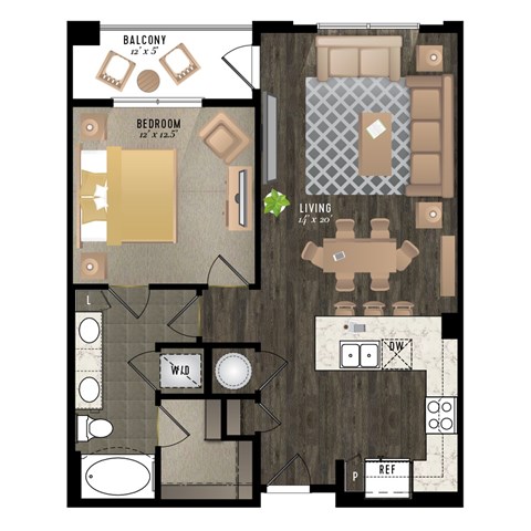 A floor plan of a living space with a balcony, bedroom, and living room.